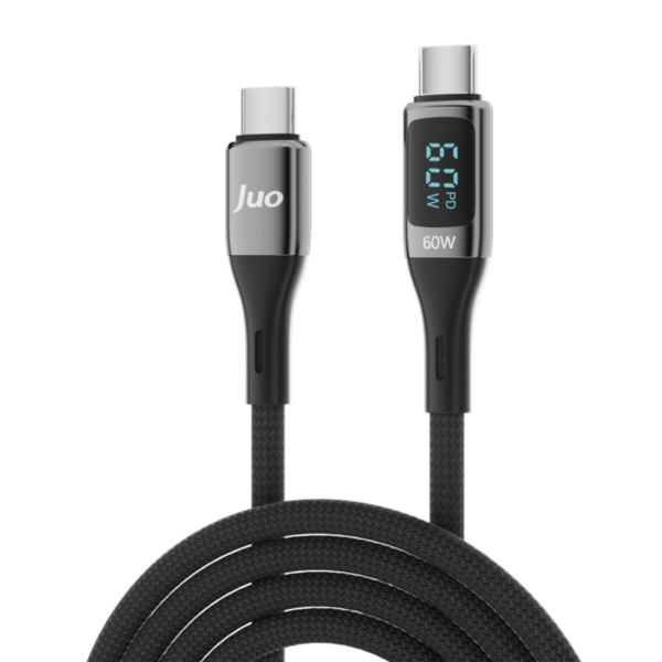 Juo 60W Dijital Led Ekranlı Örgülü USB Type-C to Type-C Hızlı Şarj ve Data Kablosu 2 Metre